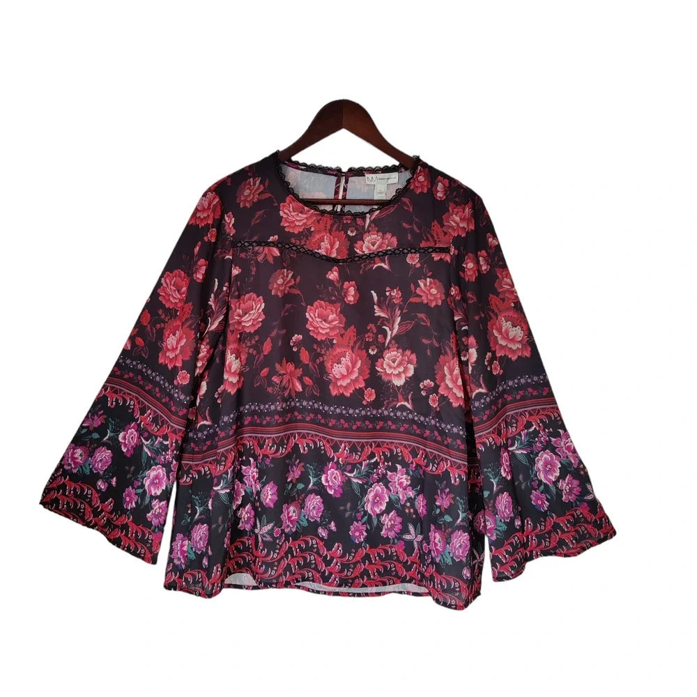 Neiman Marcus Floral Blouse Black Red Bell Long Sleeve Top Casual Size L